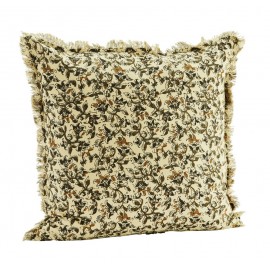madam stoltz coussin carre franges coton imprime fleuri beige vert