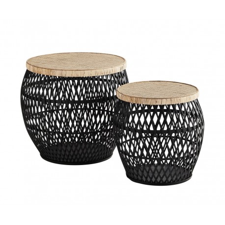 madam stoltz set de 2 tables basses rondes rotin noir bambou