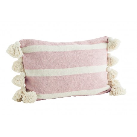 madam stoltz housse coussin rectangulaire raye blanc rose gros pompons