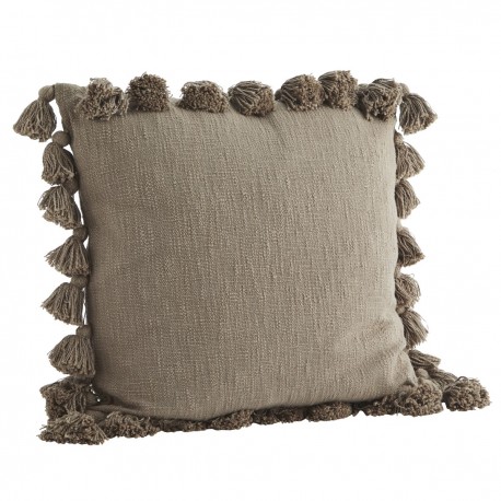 madam stoltz grande housse coussin carre pompons gris taupe 60 x 60 cm