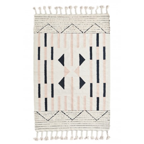 madam stoltz tapis coton blanc tisse main motif geometrique rose noir