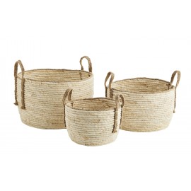 madam stoltz panier tresse feuilles de mais beige set de 3