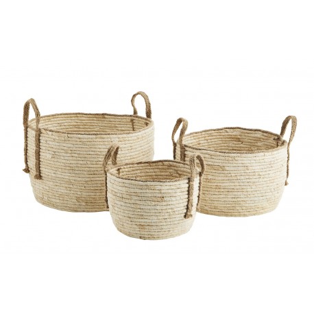 madam stoltz panier tresse feuilles de mais beige set de 3