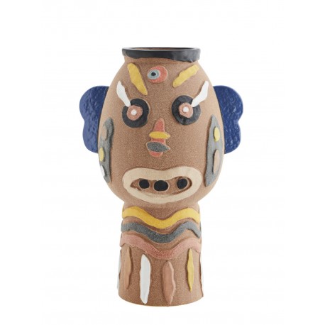 madam stoltz grand vase masque visage ethnique multicolore gres