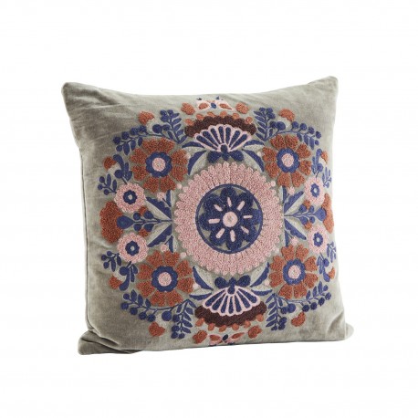 coussin brode fleurs folklore velours gris madam stoltz