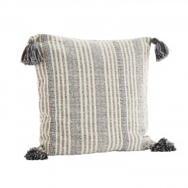 grand coussin raye gris coton recycle pompons madam stoltz