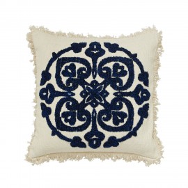 housse coussin blanc ecru bleu motif brode franges nordal ursa