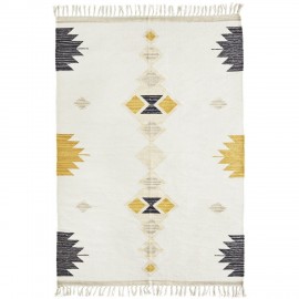 madam stoltz tapis coton blanc motif geometrique brode jaune noir
