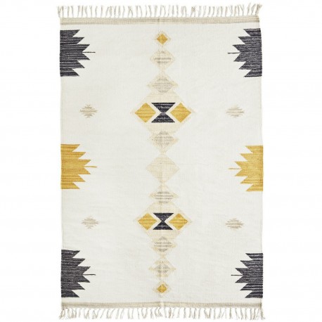 madam stoltz tapis coton blanc motif geometrique brode jaune noir