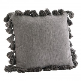 madam stoltz grande housse de coussin carree coton gris pompons