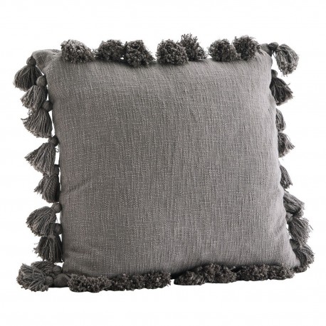 madam stoltz grande housse de coussin carree coton gris pompons