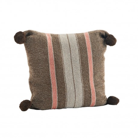 madam stoltz housse de coussin coton pompons brun rayures rose