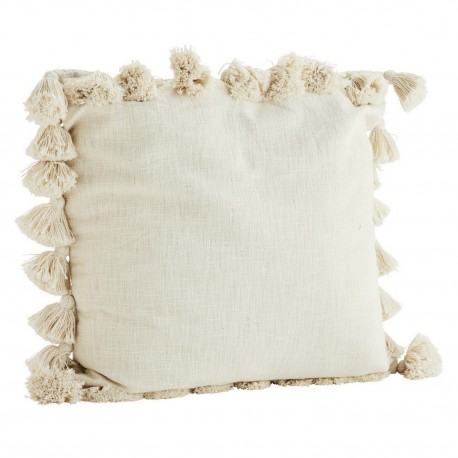 madam stoltz housse de coussin toile de coton blanc ecru pompons 65 x 65 cm