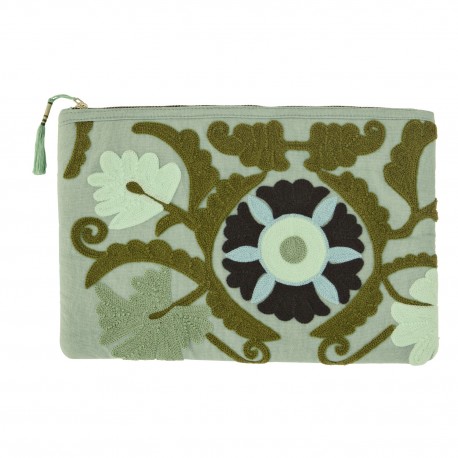 pochette ipad coton brodee fleurs vert madam stoltz