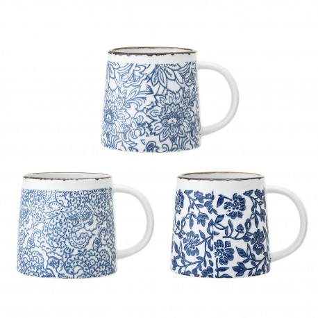 tasses gres peint motif floral bleu bloomingville molly set de 3